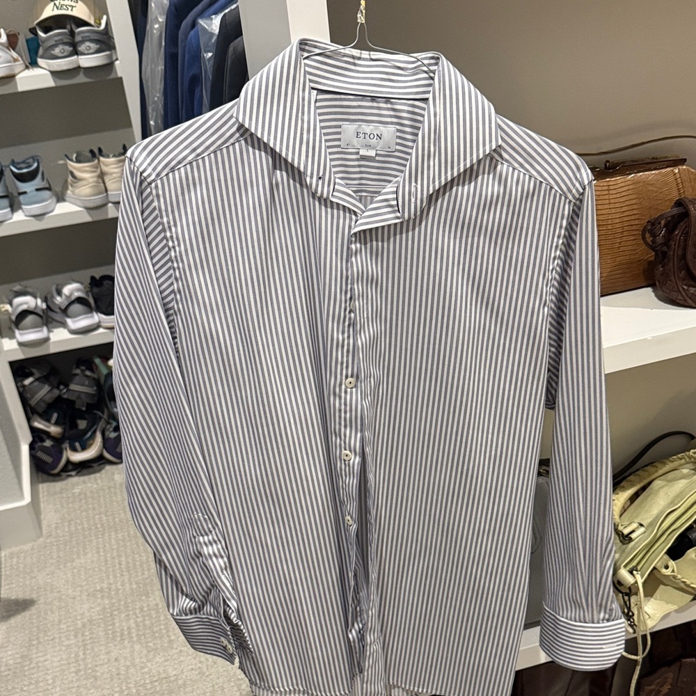 Eton Men's Classic White and Blue Striped Dress Shirt (Slim 16 41)